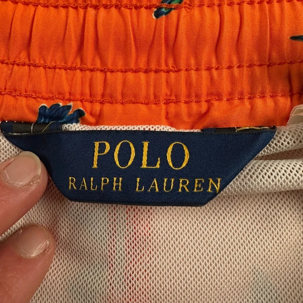 Polo Ralph Lauren Swim Trunks Mens L‎ Hummingbird Print Orange Drawstring Beach